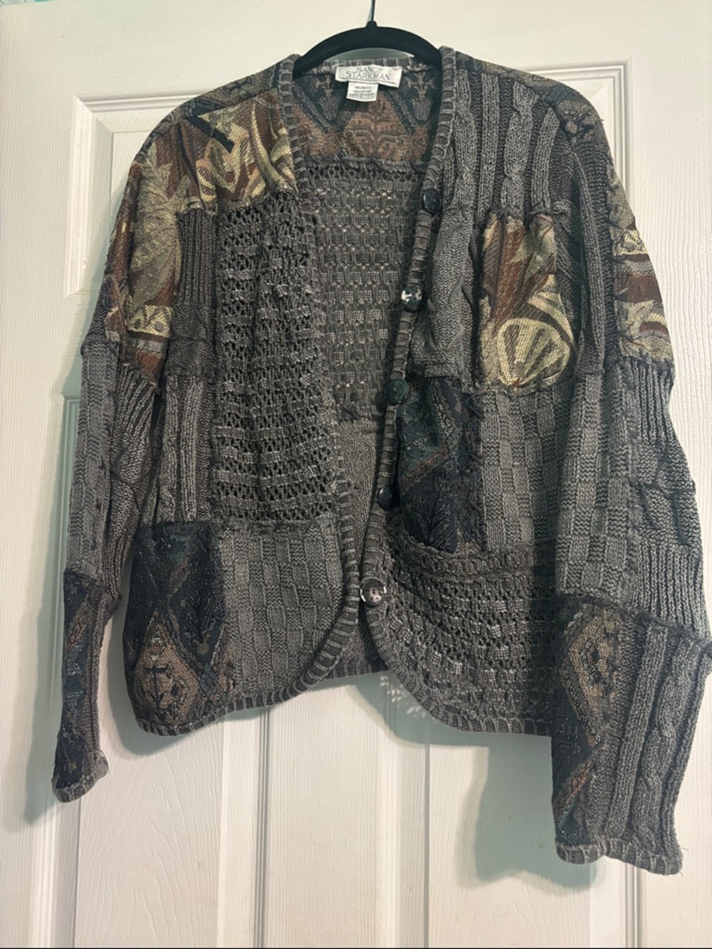 Sandy Starkman Women's Grey Patchwork Knit Cardigan Sweater